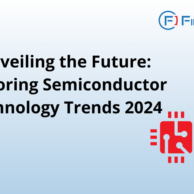 The image is a promotional graphic from FirstIgnite. It features the title "Unveiling the Future: Exploring Semiconductor Technology Trends 2024". There is also an illustration of a semiconductor part on the right side. The FirstIgnite logo is positioned at the top right corner.